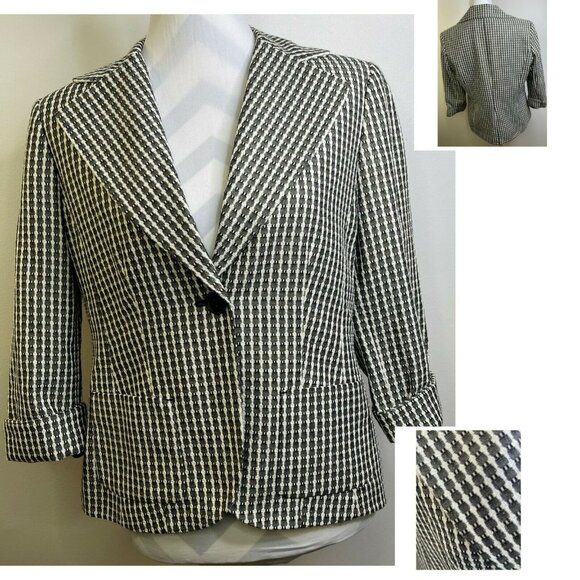 Jones New York Black White Print Blazer Jacket Sz 8 Single Button Shoulder Pads - Picture 1 of 6